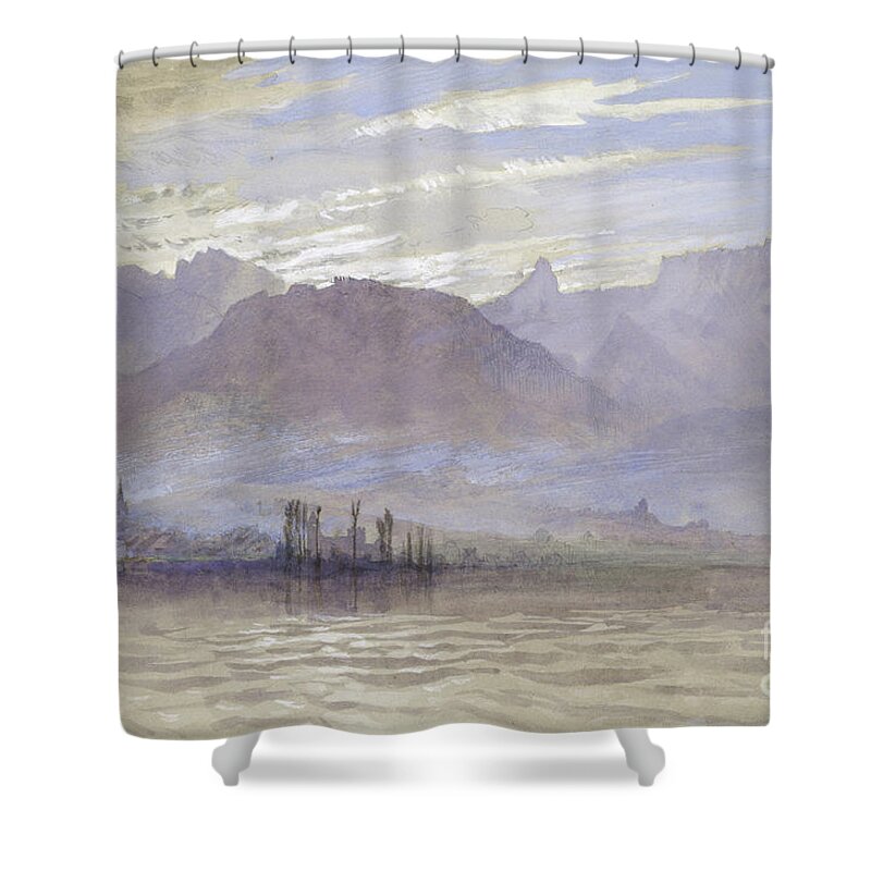 John Ruskin Shower Curtain featuring the painting Morning in Spring, with northeast Wind, at Vevey, by John Ruskin