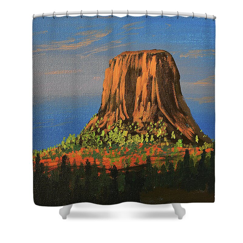 Devil's Tower Shower Curtain featuring the painting Morning Light on Devil's Tower, Wyoming by Chance Kafka