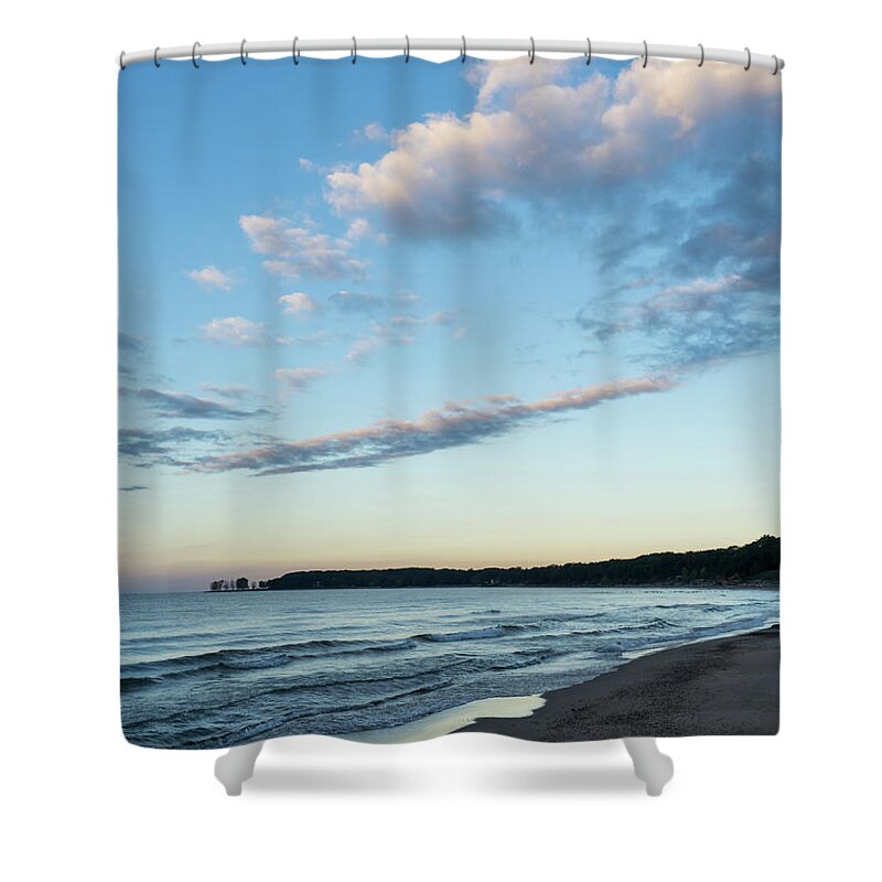 Moonset Shower Curtain featuring the photograph Morning Moonset - Lorraine Bay Lake Erie North Shore by Georgia Mizuleva