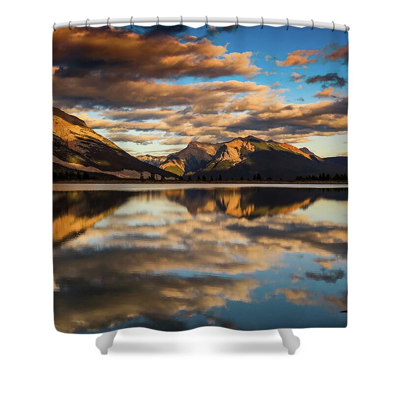 Beautiful Lake Reflection Shower Curtain featuring the photograph Morning Mountain Reflections Canada by Dan Sproul