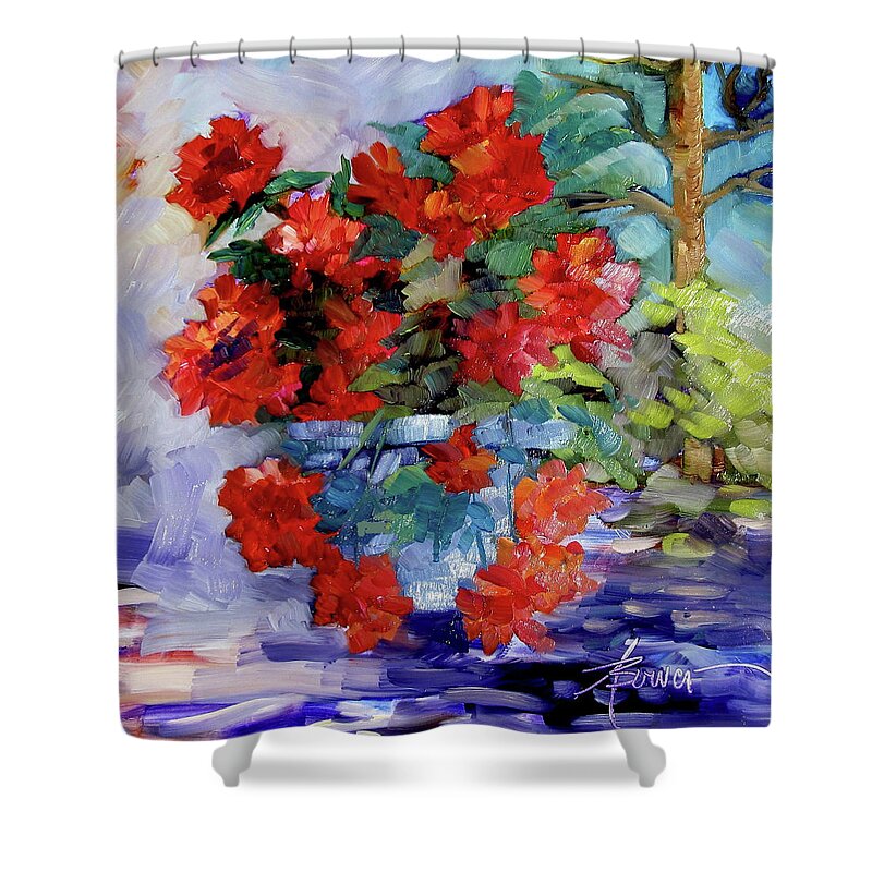 Geraniums Shower Curtain featuring the painting Morning Patterns by Adele Bower