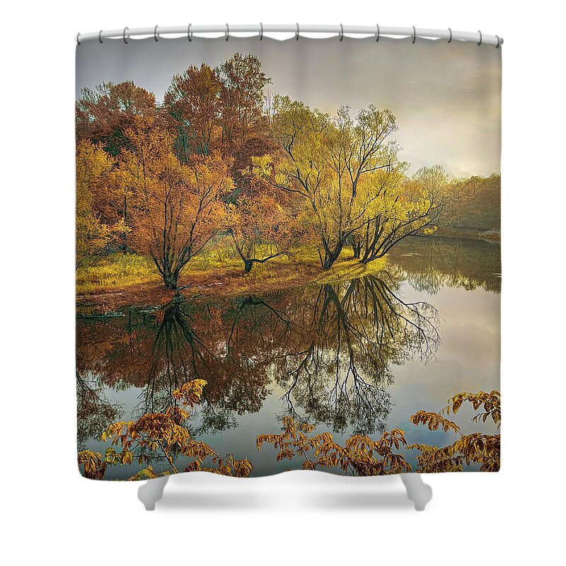 River Shower Curtain featuring the photograph Morning Reflections on the Autumn River by Debra and Dave Vanderlaan