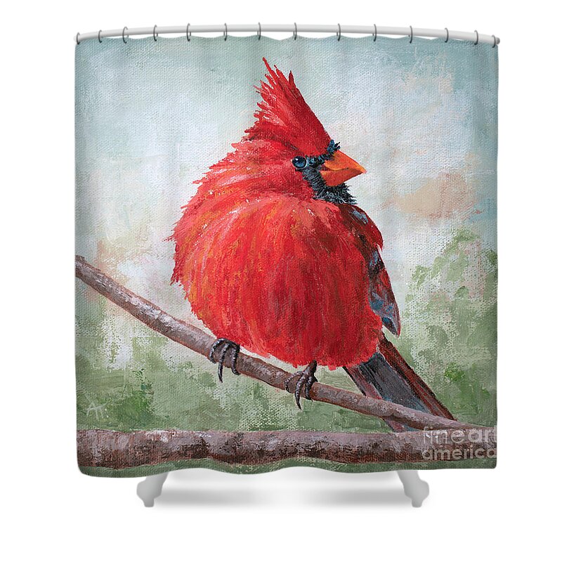 Cardinal Shower Curtain featuring the painting Morning Song - Cardinal Painting by Annie Troe