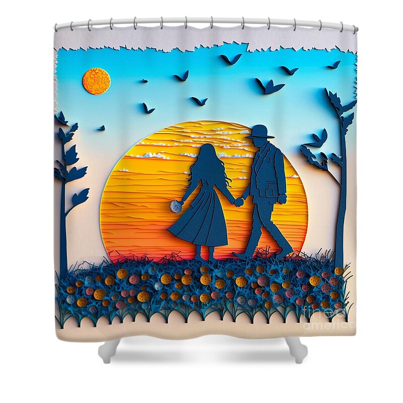 Morning Walk - Quilling Shower Curtain featuring the digital art Morning Walk - Quilling by Jay Schankman