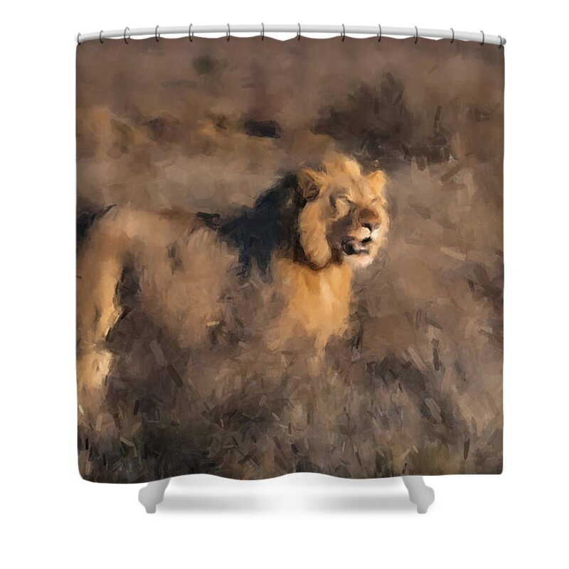 Lion Shower Curtain featuring the painting Morning Watch by Gary Arnold
