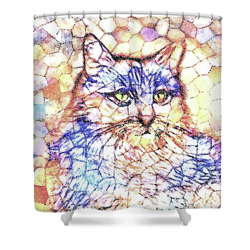 Cat Shower Curtain featuring the digital art Mosaic Cat 670 by Lucie Dumas