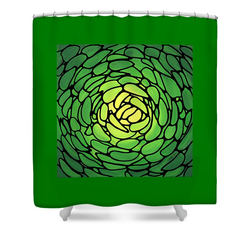 Green Shower Curtain featuring the painting Mosaic Flower Art - Green Petals - Sharon Cummings by Sharon Cummings