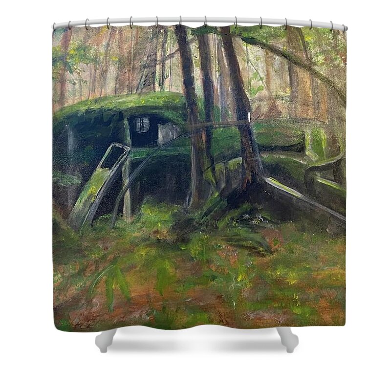 Vintage Car Shower Curtain featuring the painting Moss Covered Car by Denice Palanuk Wilson