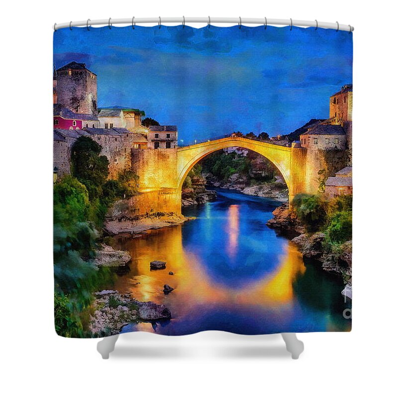 Mostar Bridge Shower Curtain featuring the digital art Mostar Bridge, Bosnia Herzegovina by Jerzy Czyz