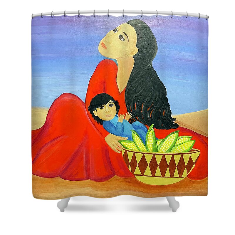 Southwestern Art Shower Curtain featuring the painting Mother and Corn by Christina Wedberg