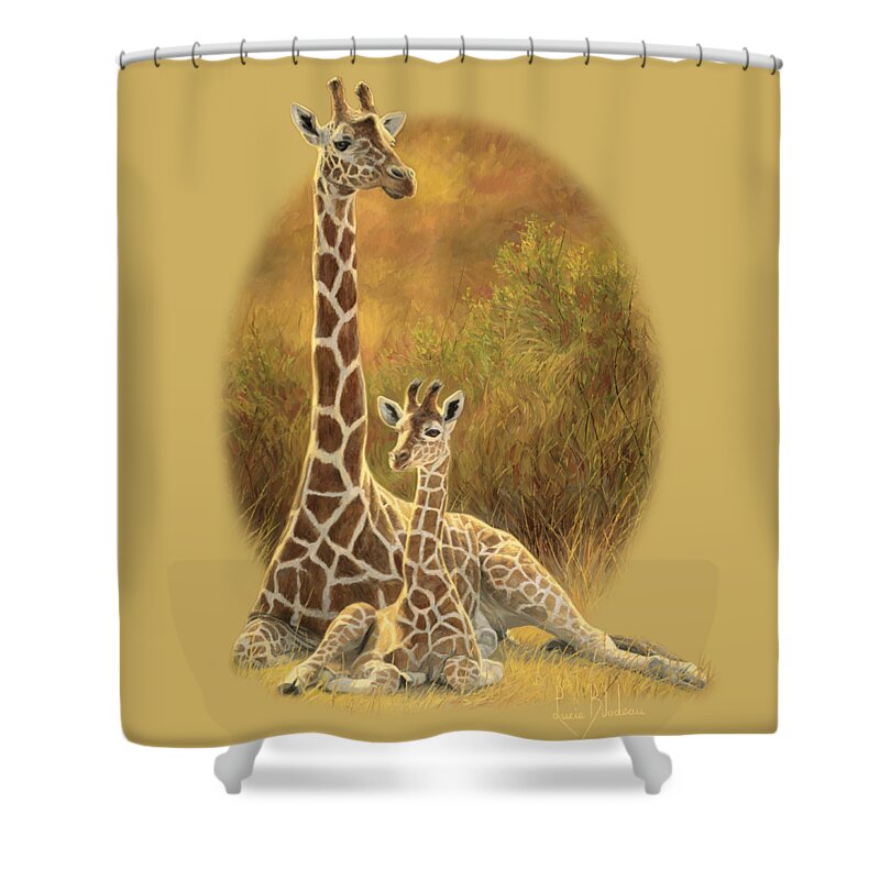 Giraffe Shower Curtain featuring the painting Mother and Son by Lucie Bilodeau