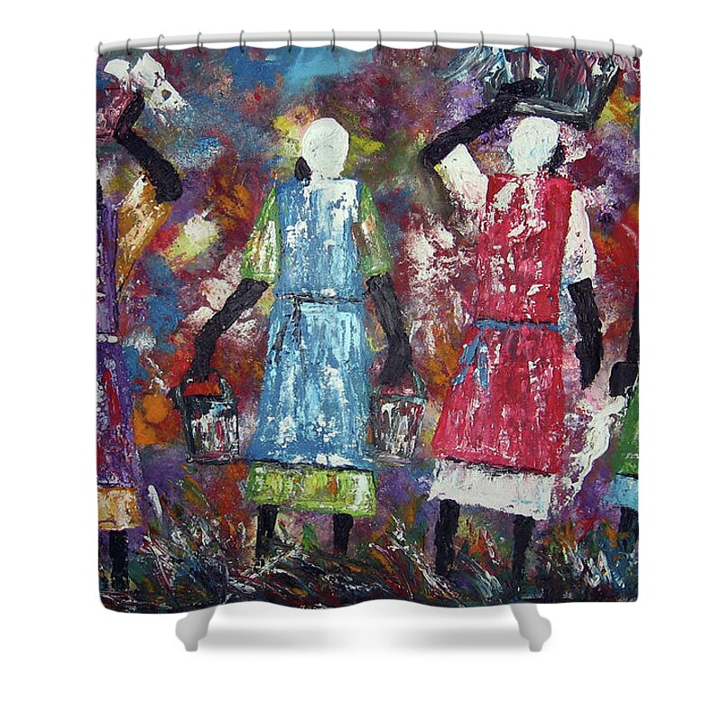  Shower Curtain featuring the painting Mothers Come Home by Peter Sibeko