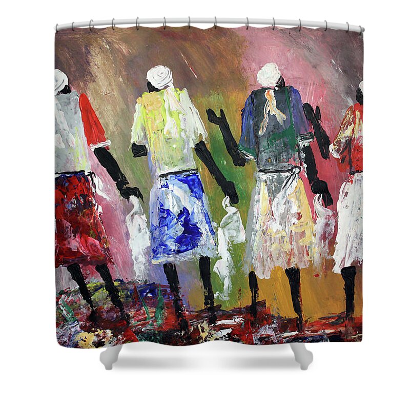 African Art Shower Curtain featuring the painting Mothers Of Peace by Peter Sibeko 1940-2013