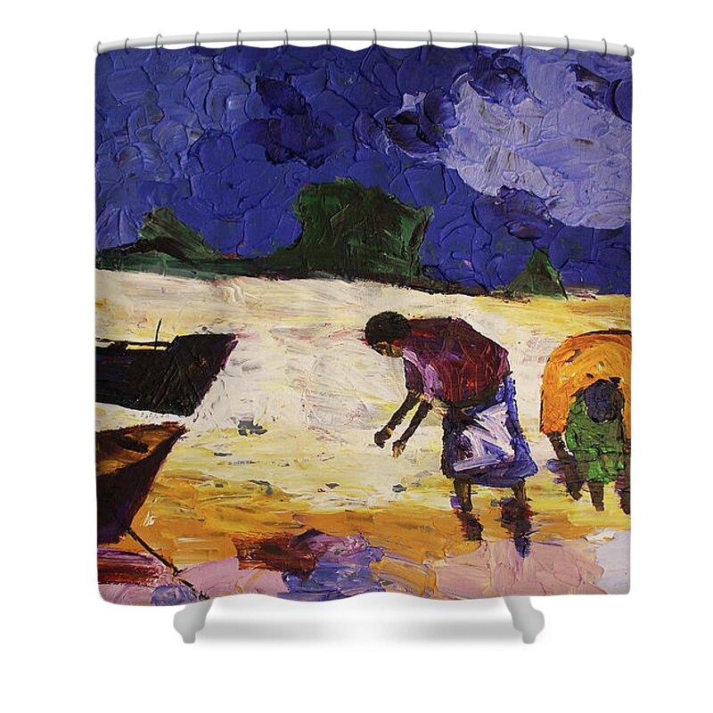 African Art Shower Curtain featuring the painting Mothers Rewards by Tarizai Munsvhenga