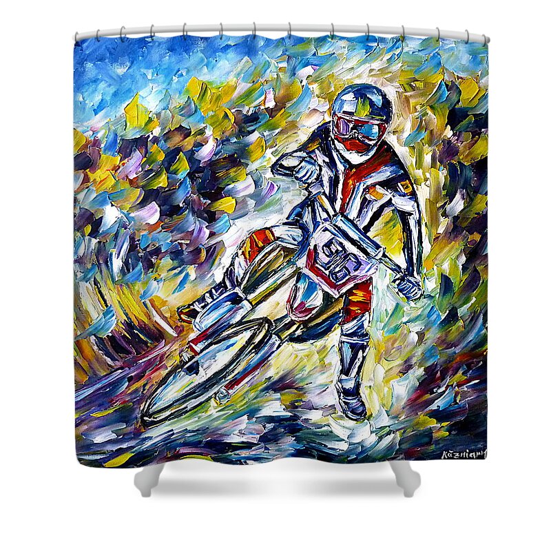 I Love Motocross Shower Curtain featuring the painting Motocross II by Mirek Kuzniar