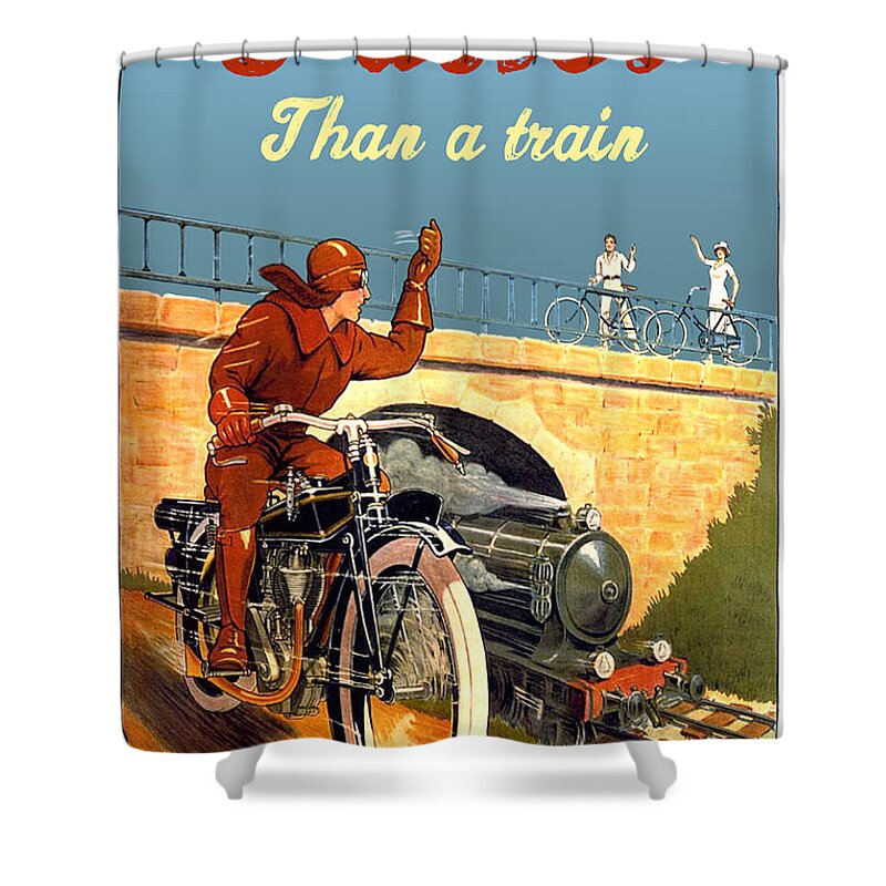 Motorcycle Shower Curtain featuring the digital art Motorcycle Faster Than Train by Long Shot