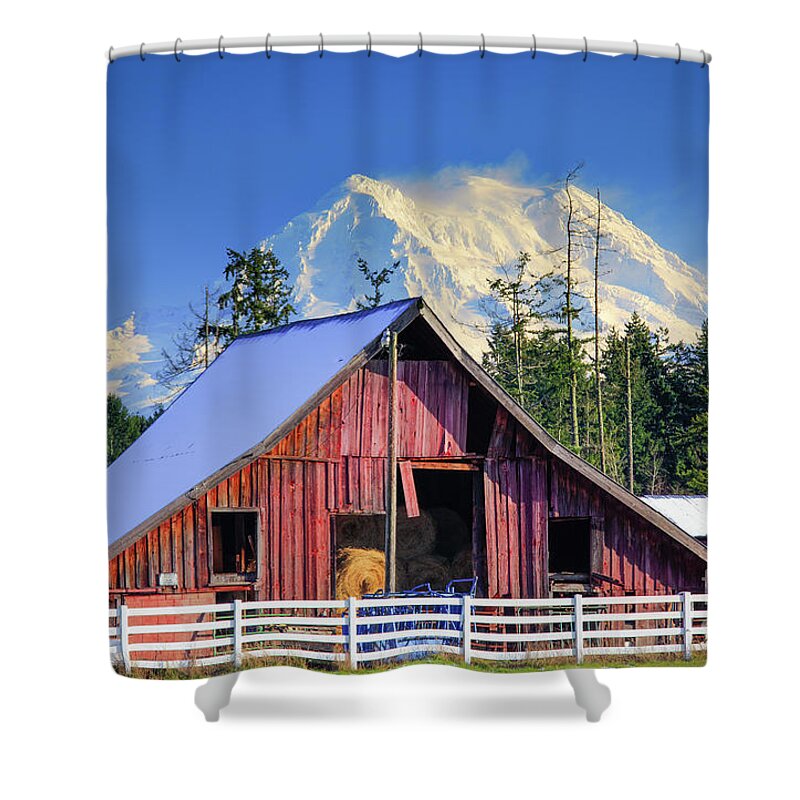 America Shower Curtain featuring the photograph Mount Rainier and Barn by Inge Johnsson