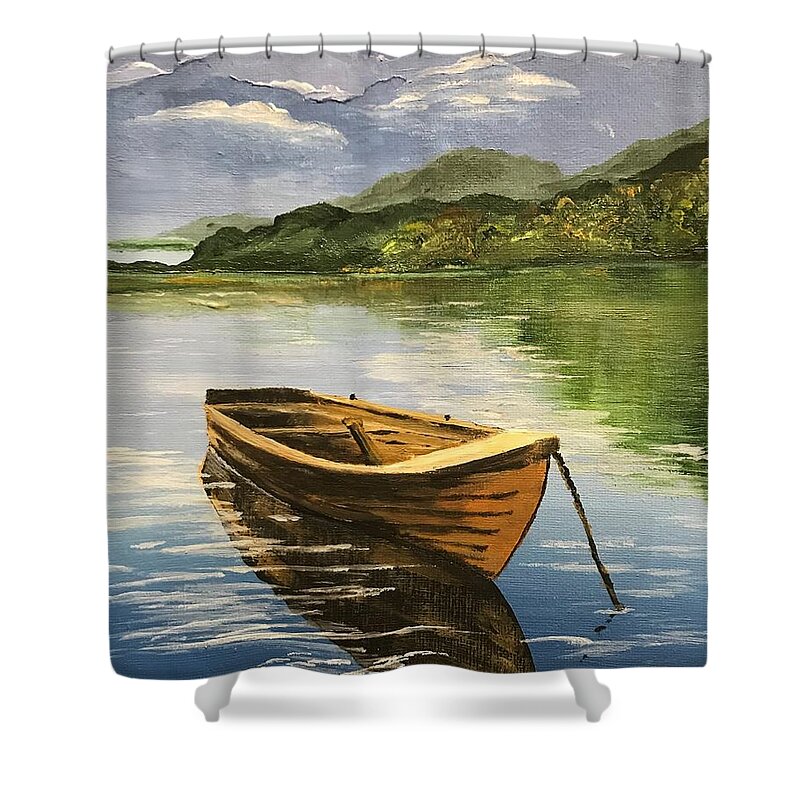 Old Wooden Boat Shower Curtain featuring the painting Mountain boating by Kevin Oneal