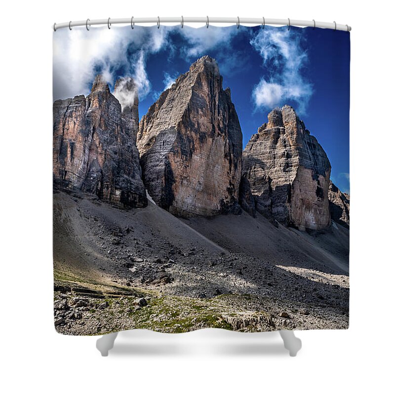 Alpine Shower Curtain featuring the photograph Mountain Formation Tre Cime Di Lavaredo In The Dolomites Of South Tirol In Italy by Andreas Berthold