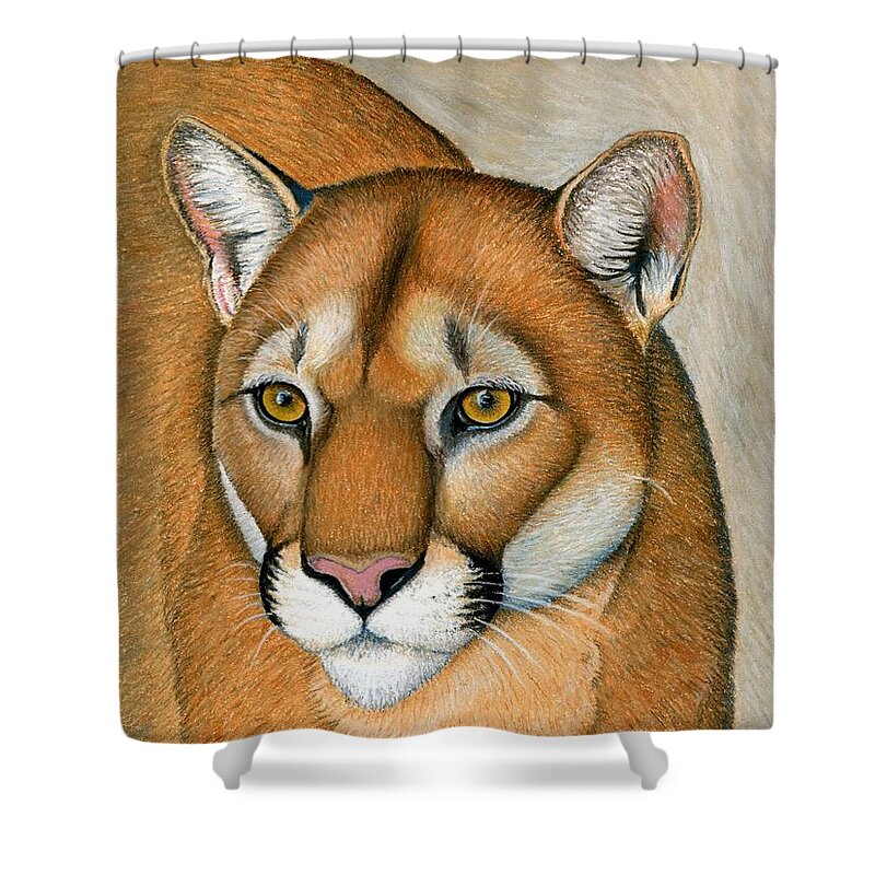 Cougar Shower Curtain featuring the pastel Mountain Lion Cougar Wild Cat by Rebecca Wang