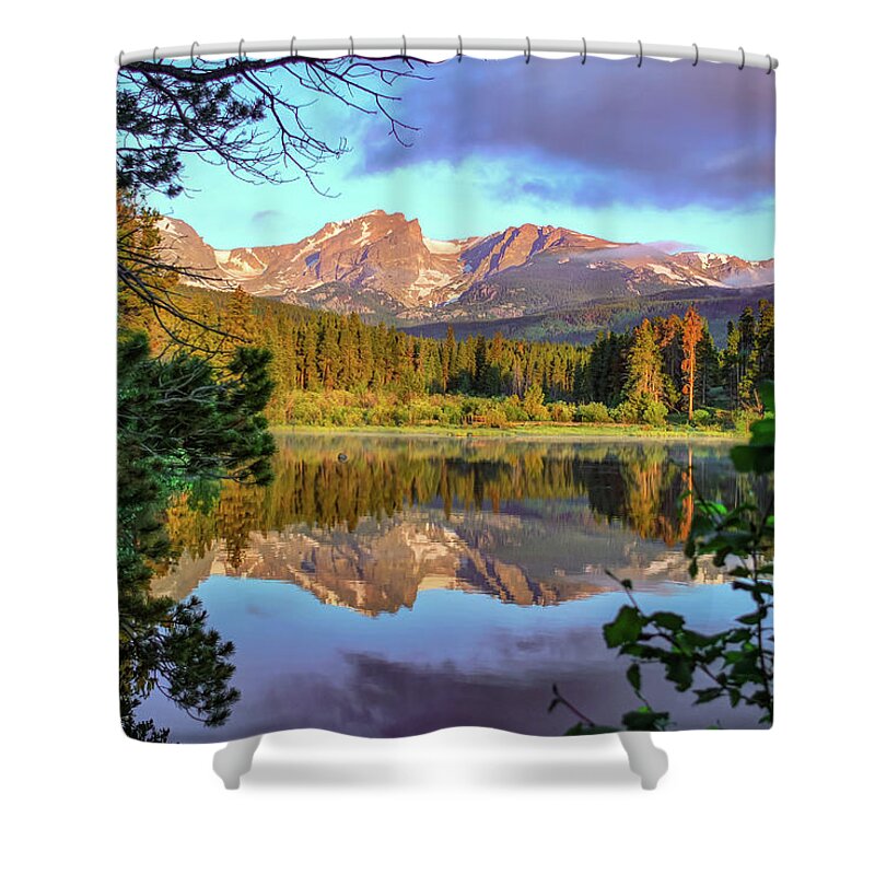 Rocky Mountains Shower Curtain featuring the photograph Mountain Peak Splendor Over Sprague Lake - Estes Park Colorado by Gregory Ballos