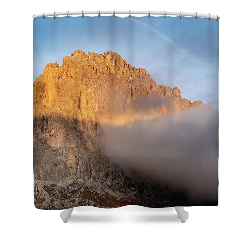 Passo Sella Shower Curtain featuring the photograph Mountain peaks during sunrise. Dolomit, Italy by Michalakis Ppalis