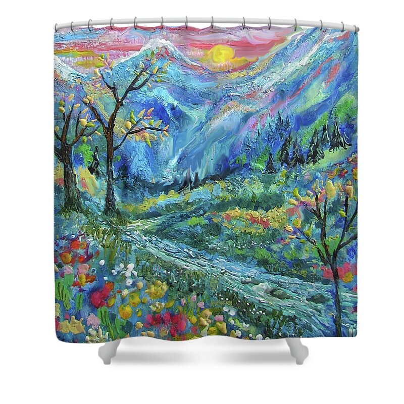 Encaustic Landscape Shower Curtain featuring the painting Mountain River by Jean Batzell Fitzgerald