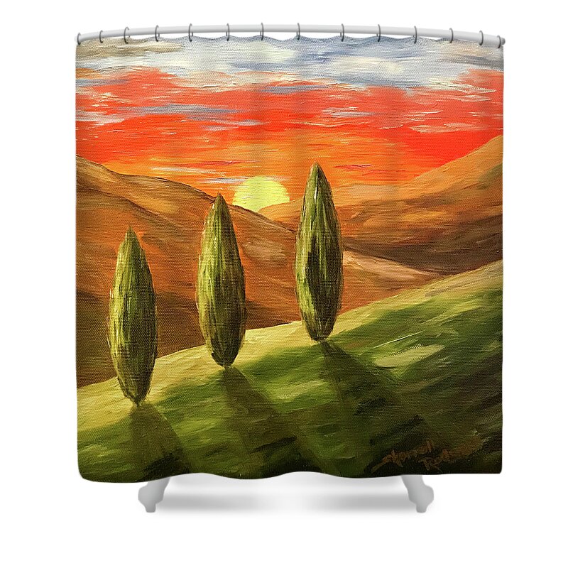 Paintings Shower Curtain featuring the painting Mountain Sunset by Sherrell Rodgers