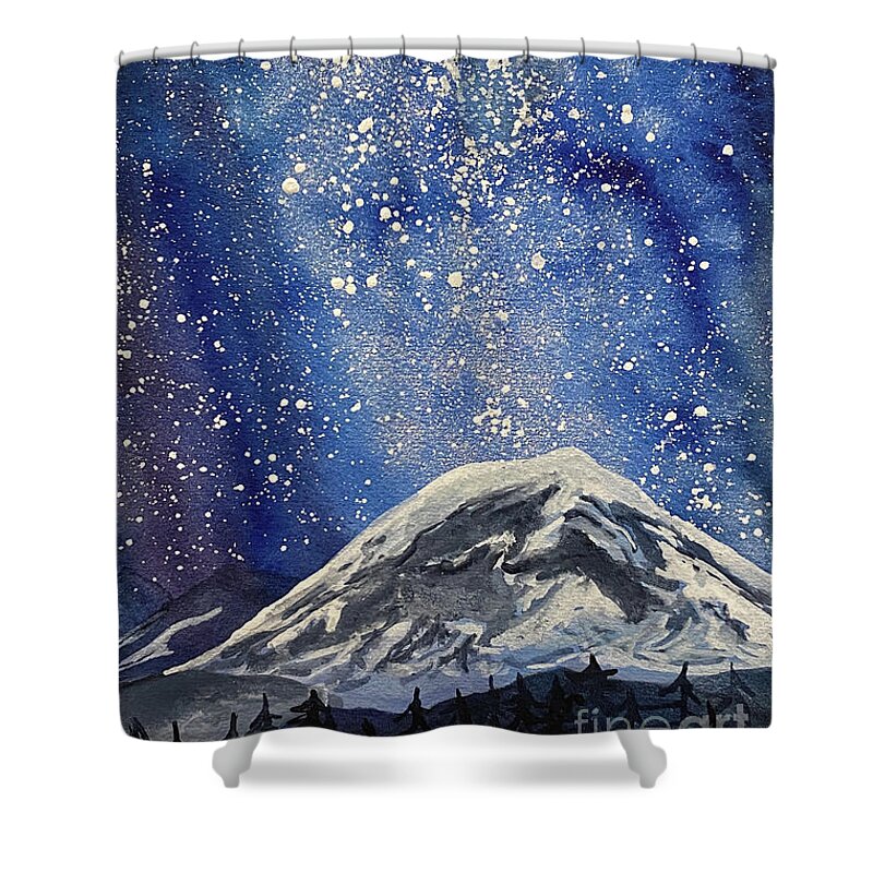 Mount Rainier Shower Curtain featuring the painting Mountain with Night Sky by Lisa Neuman