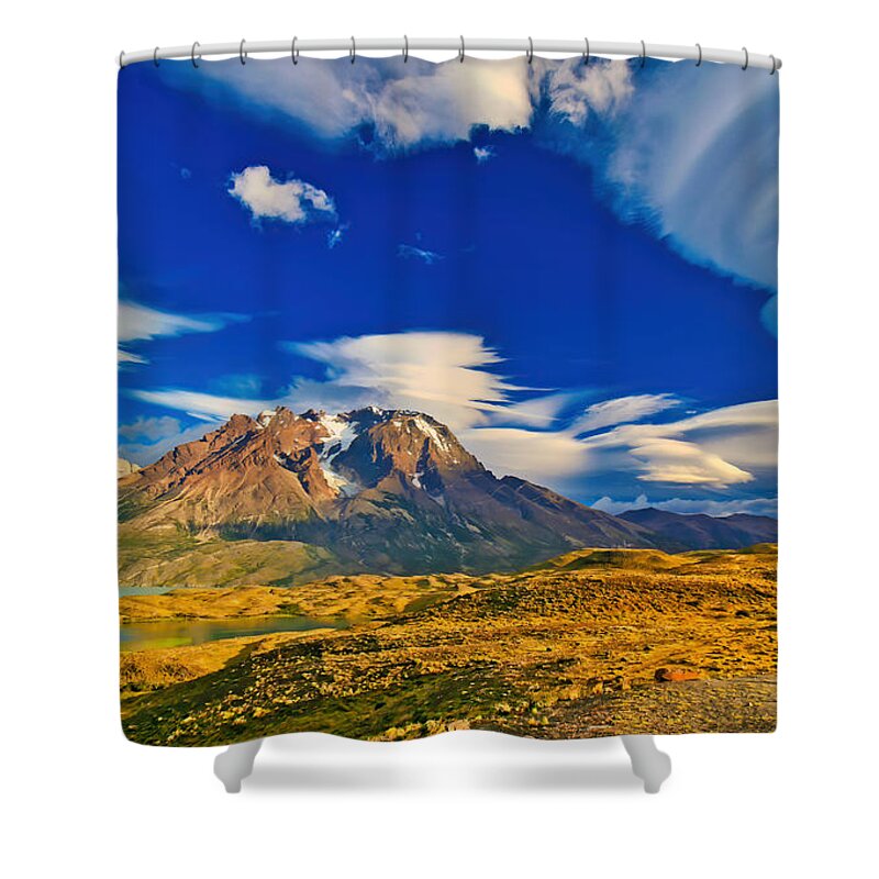 Lenticular Cloud Shower Curtain featuring the photograph Mountains and Clouds in Patagonia by Bruce Block