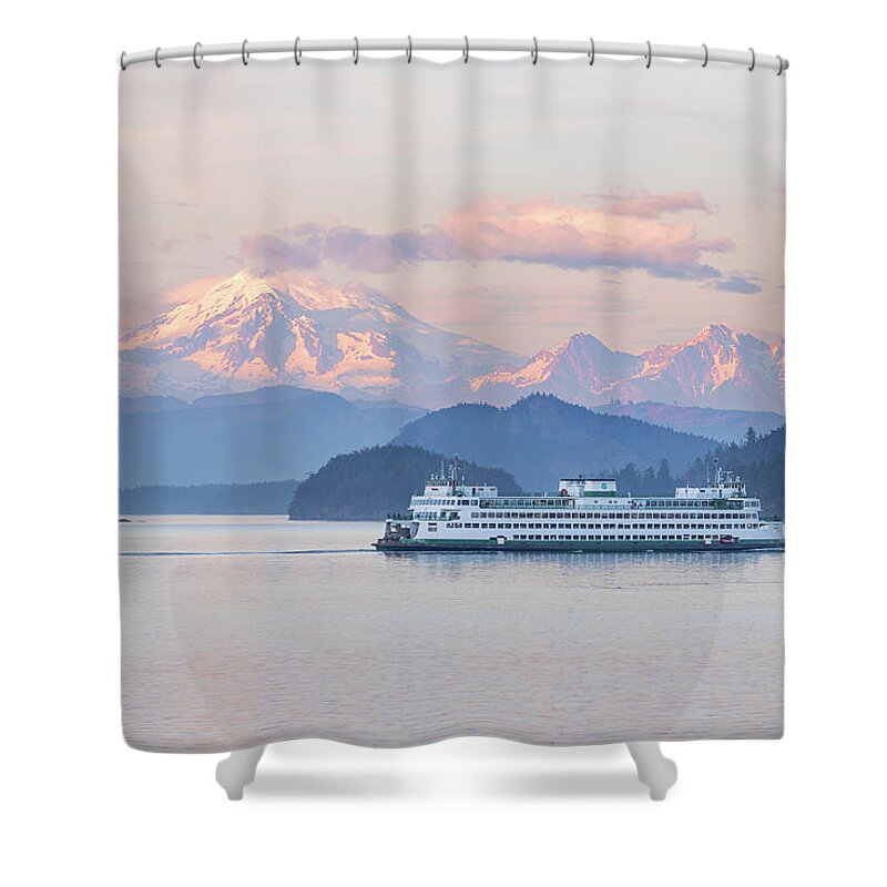 Mount Baker Shower Curtain featuring the photograph Mt. Baker Ferry Sunset by Michael Rauwolf