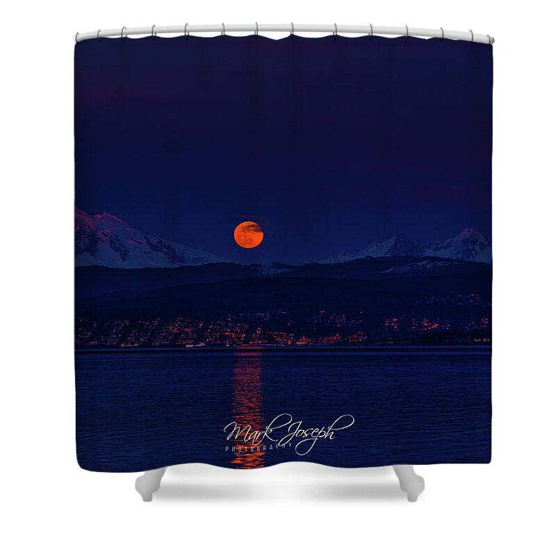 Moon Shower Curtain featuring the photograph Mt. Baker Moon Alpenglow by Mark Joseph