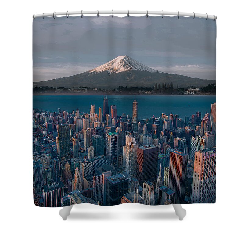 Mt Fuji And Chicago Shower Curtain featuring the digital art Mt Fuji and Chicago by Celestial Images