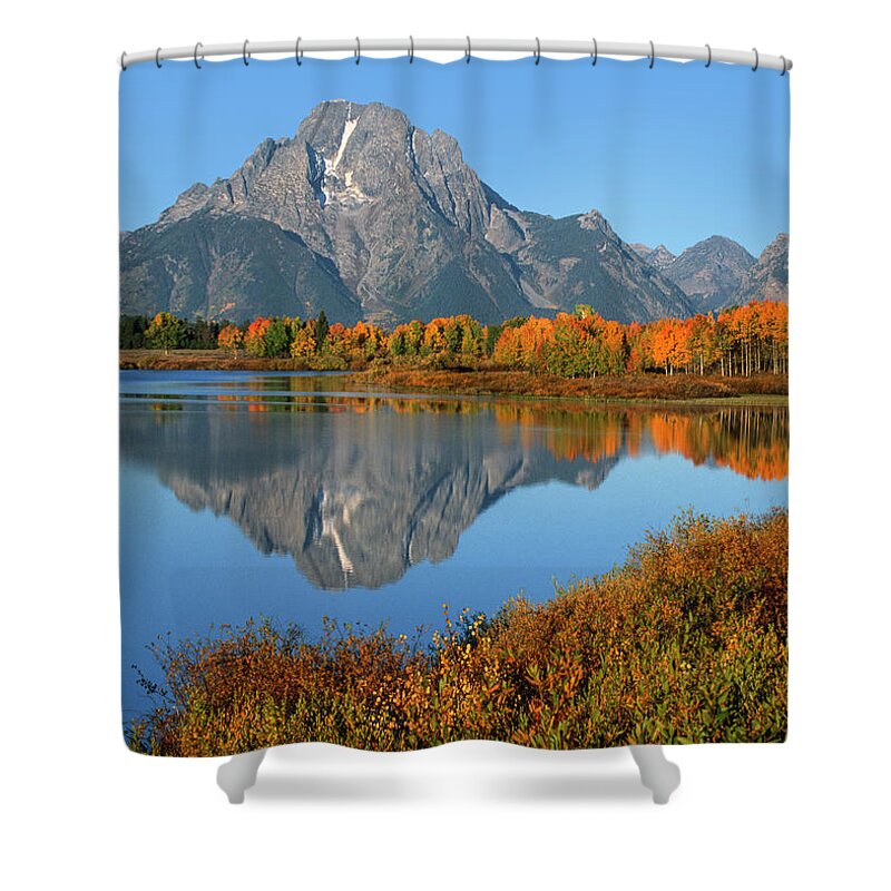 Grand Teton Shower Curtain featuring the photograph Mt. Moran Reflection by Sandra Bronstein