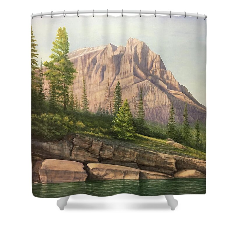 Mountains Shower Curtain featuring the painting Mt. Otokomi by Lee Tisch Bialczak