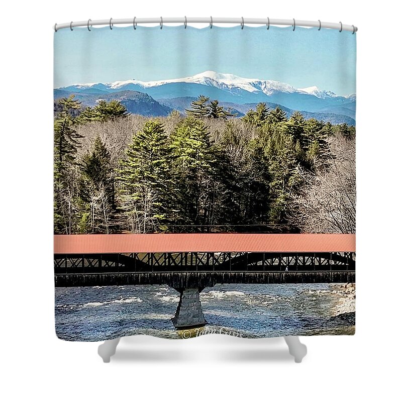  Shower Curtain featuring the photograph Mt Washington over the Saco River Covered Bridge by John Gisis