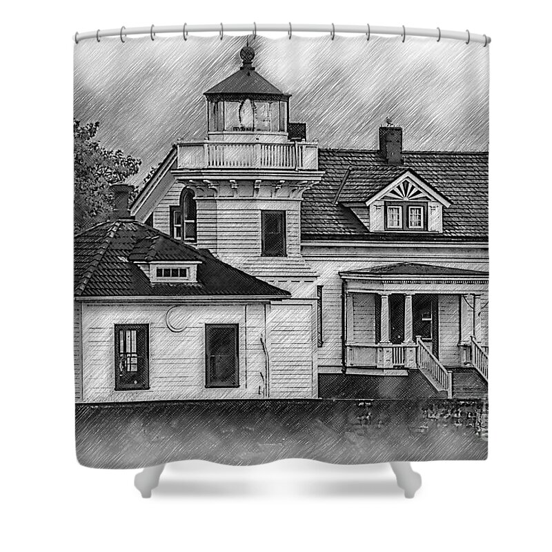 Lighthouse Shower Curtain featuring the digital art Mukilteo Lighthouse Sketched by Kirt Tisdale