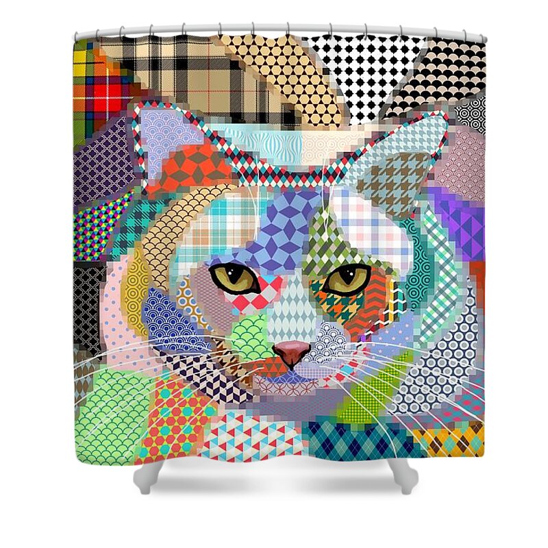 Cat Shower Curtain featuring the digital art Multicolor Cat 678 Patterns by Lucie Dumas