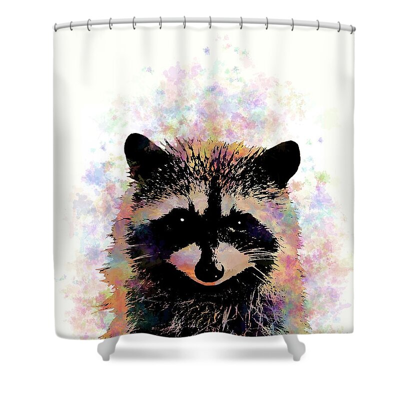Raccoon Shower Curtain featuring the mixed media Multicolor Raccoon 27 by Lucie Dumas