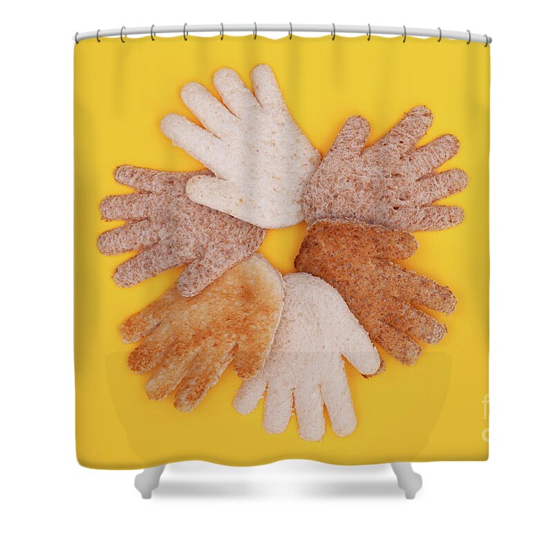 Hands Shower Curtain featuring the photograph Multicultural hands circle concept made from bread by Simon Bratt