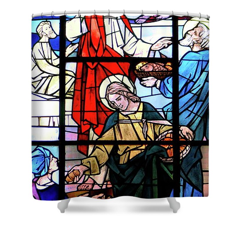 Multiplication Of Loaves And Fishes Stained Glass Windows Saint Michaels Church Buffalo Ny Shower Curtain featuring the photograph Multiplication of Loaves And Fishes Stained Glass Windows Saint Michaels Church Buffalo NY by Rose Santuci-Sofranko