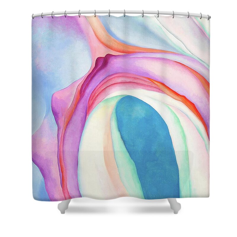 Georgia O'keeffe Shower Curtain featuring the painting Music Pink and Blue No 2 - Colorful modernist abstract painting by Georgia O'Keeffe