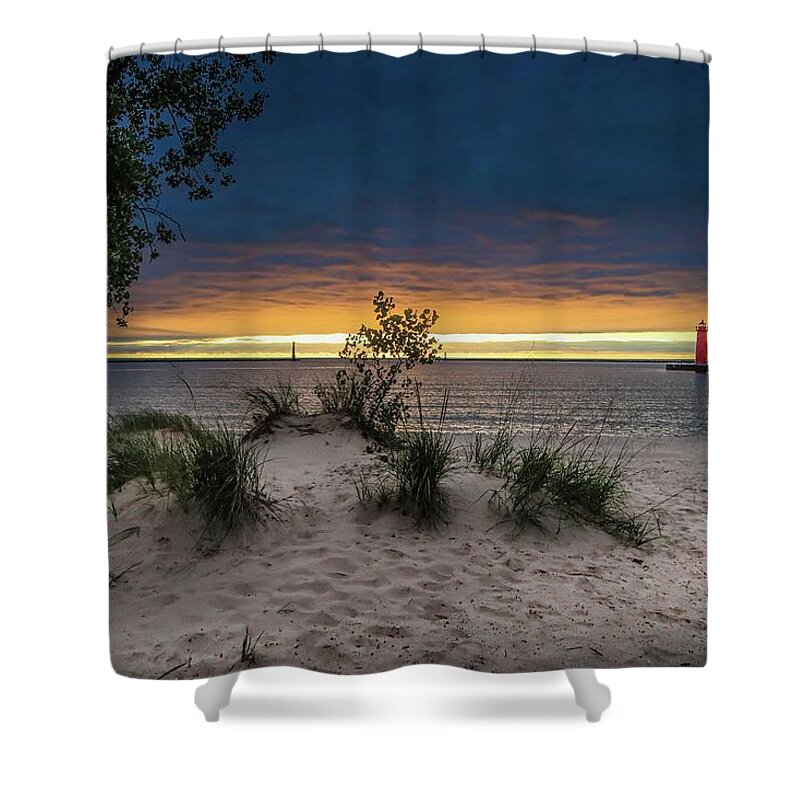  Shower Curtain featuring the photograph Muskegon Beach and Lighthouse Sunset IMG_5857 by Michael Thomas
