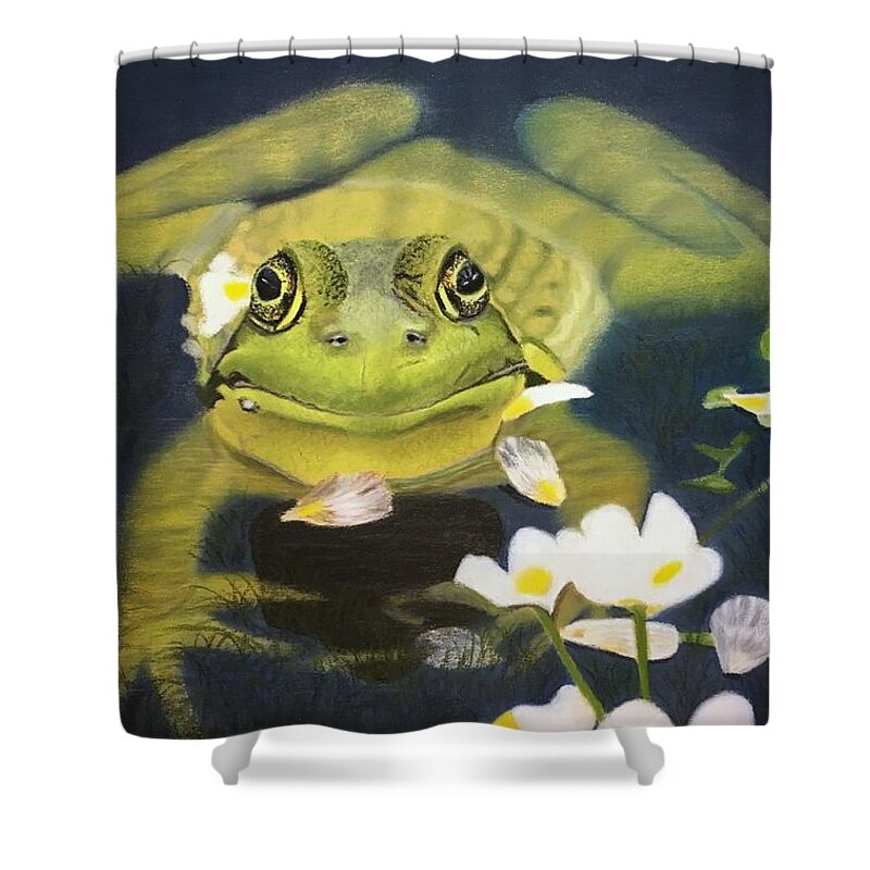 Frog Shower Curtain featuring the pastel My Prince by Marlene Little
