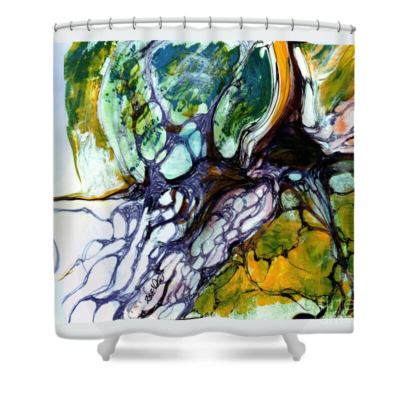 Neurographic Shower Curtain featuring the painting Mycelium Conversation Trees and a Windy Hill by Zsanan Studio