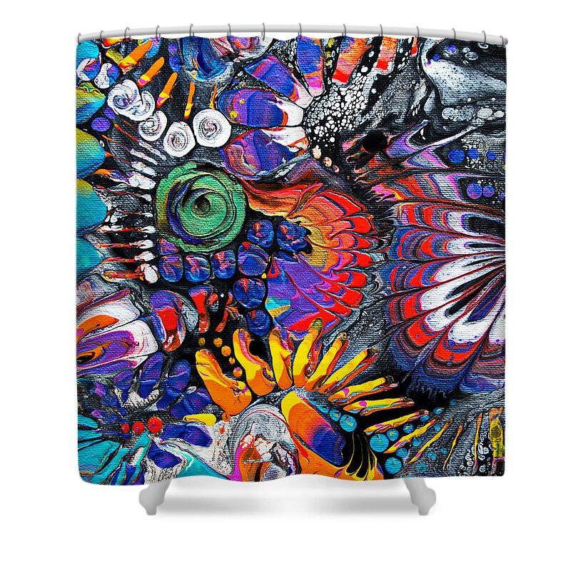 Patterns Galore Vibrant Colors Sing Dramatic Abstract Fun Organic Compelling Shower Curtain featuring the painting Mysterious Butterfly Garden 6996 by Priscilla Batzell Expressionist Art Studio Gallery