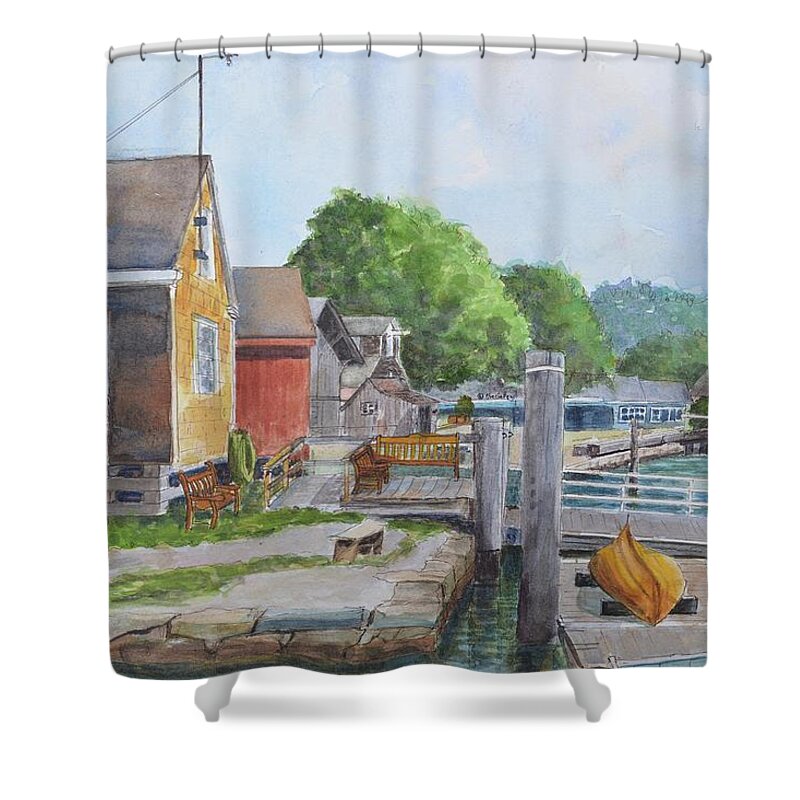 Mystic Seaport Shower Curtain featuring the painting Mystic Seaport Boathouse by Patty Kay Hall