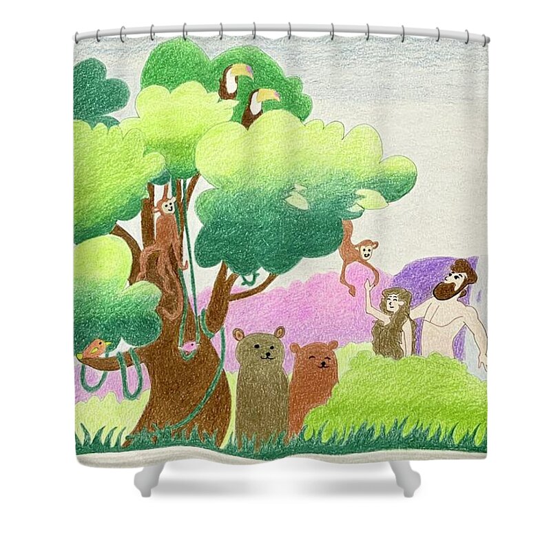 Prismacolor Shower Curtain featuring the drawing Naming the Animals by Martin Valeriano