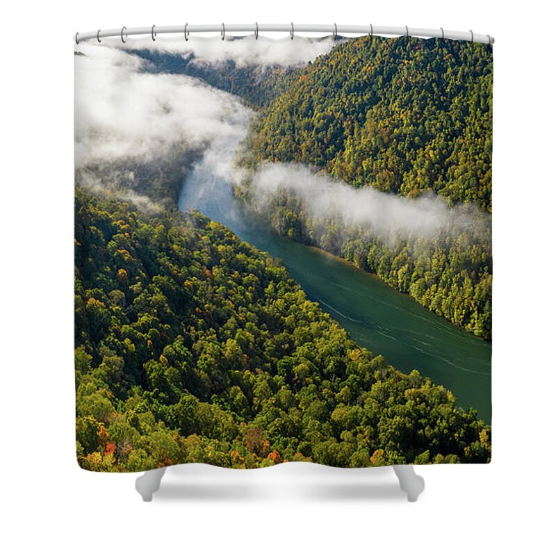 Aerial Shower Curtain featuring the photograph Narrow gorge of the Cheat River with mist by Steven Heap