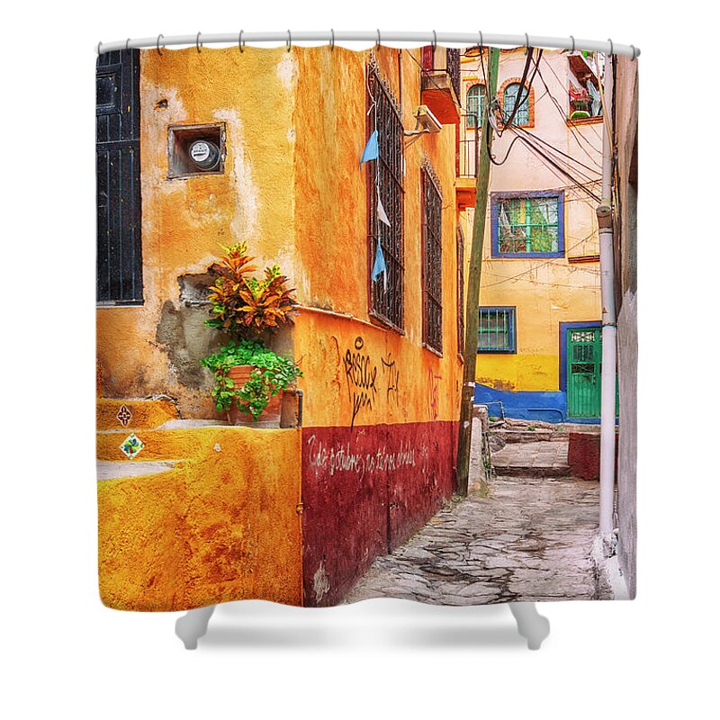 Guanajuato Shower Curtain featuring the photograph Narrow street in Guanajuato - paint by Tatiana Travelways